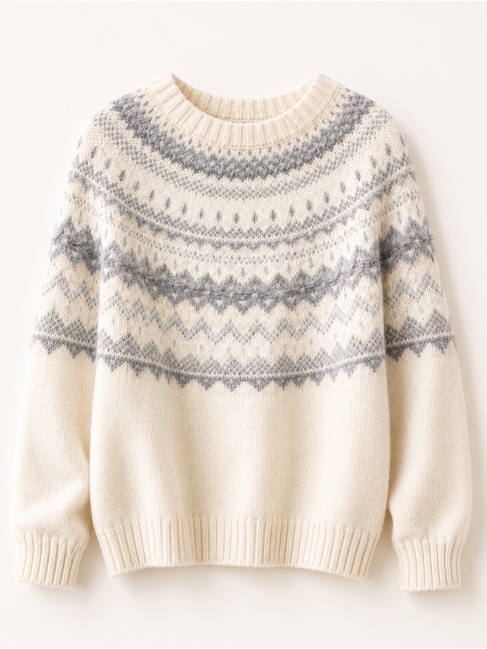 Talbots Petite Fair Isle Sweater MP Ivory Gray Eyelash Knit Cozy Winter Pullover - Picture 2 of 9